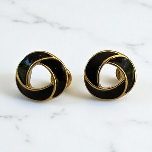 Vintage Trifari Signed Black Enamel & Gold-Tone Earrings